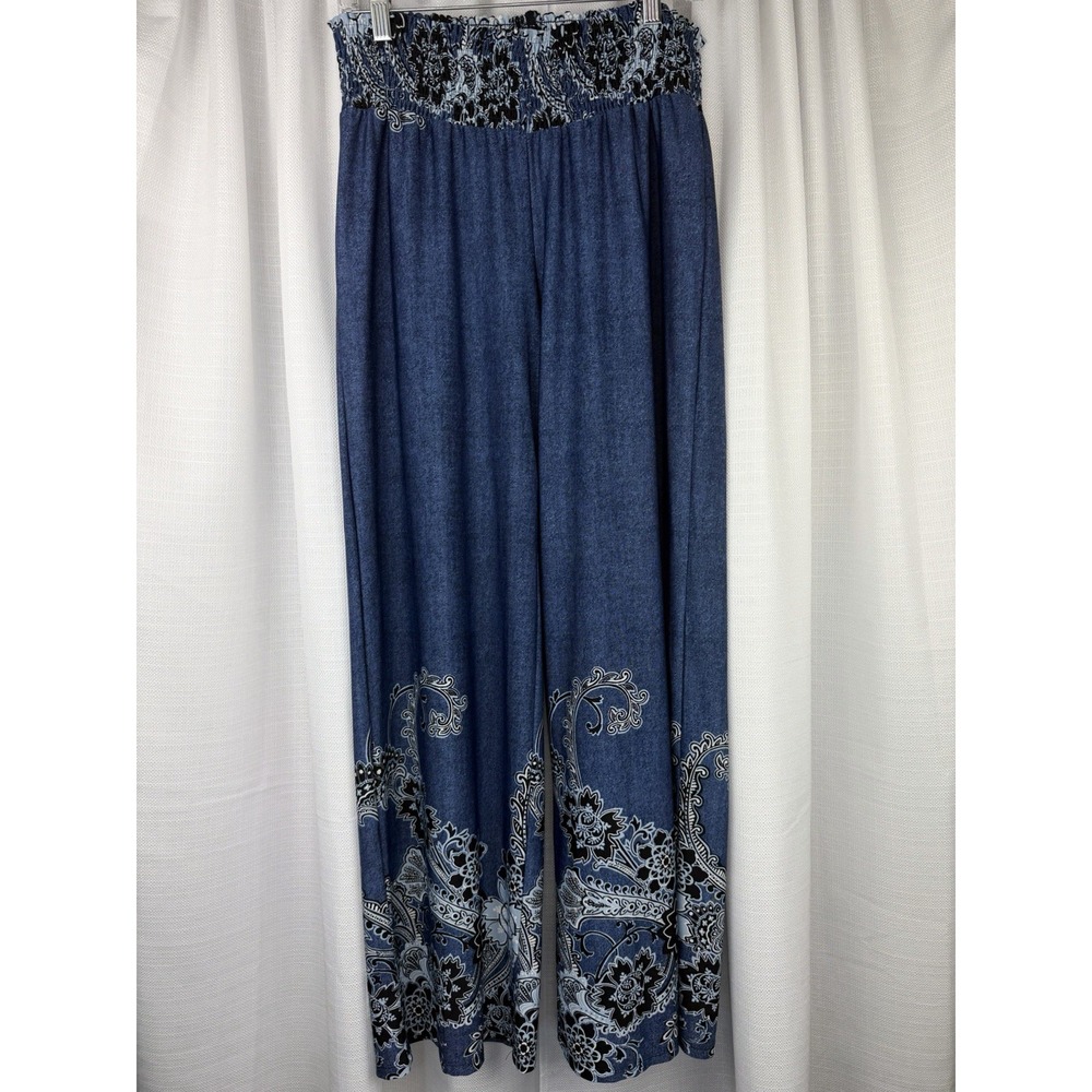 Melissa Paige Boho Colorful Blue Paisley Elastic Waist Women's Large Wide Leg